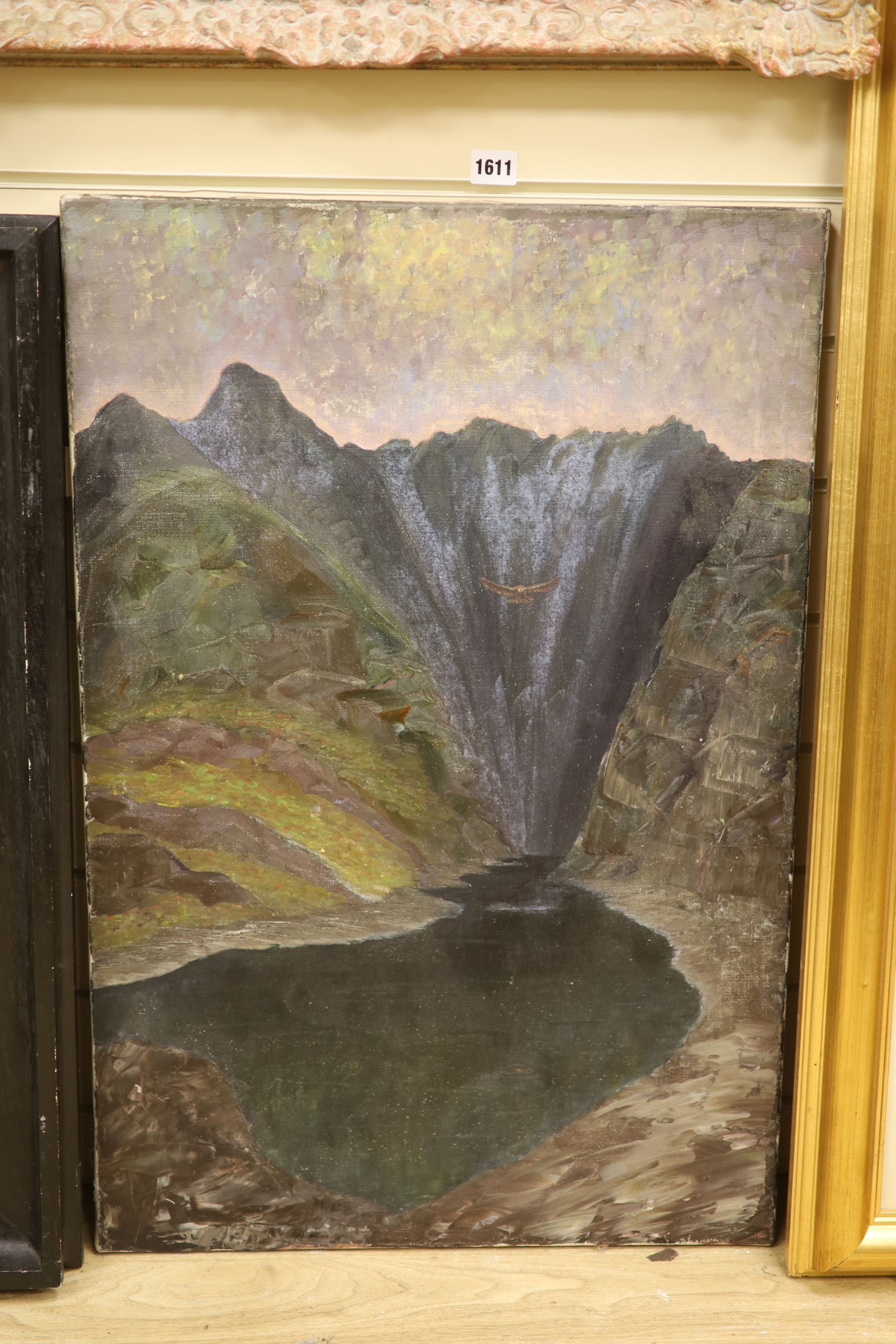 Galloway (1935-), oil on canvas, Eagle flying over a loch, inscribed verso, 76 x 51cm, unframed